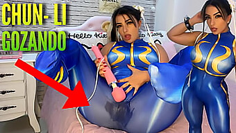 A Seductive Cosplay Beauty, Dressed As Street Fighter'S Chun Li, Pleasures Herself With A Hitachi Vibrator, Reaching Intense Orgasm And Wetting Her Underwear And Pants