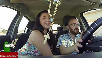 Teen girl gives blowjob to man in a moving car