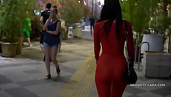 Public Exposure Of A Woman In A See-Through Dress Without Panties